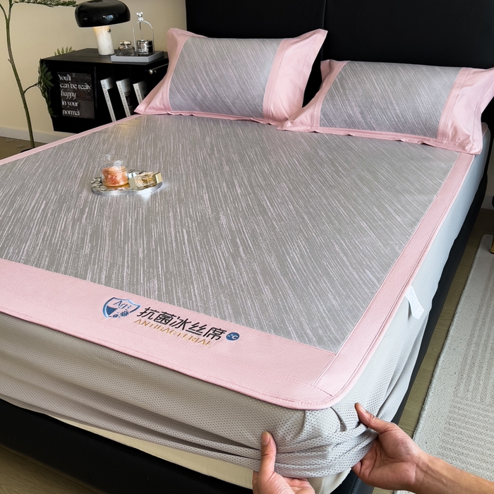 印季家纺 2026新款5A级抗菌加厚绣花冰丝席-流星雨（床笠款） 豆沙