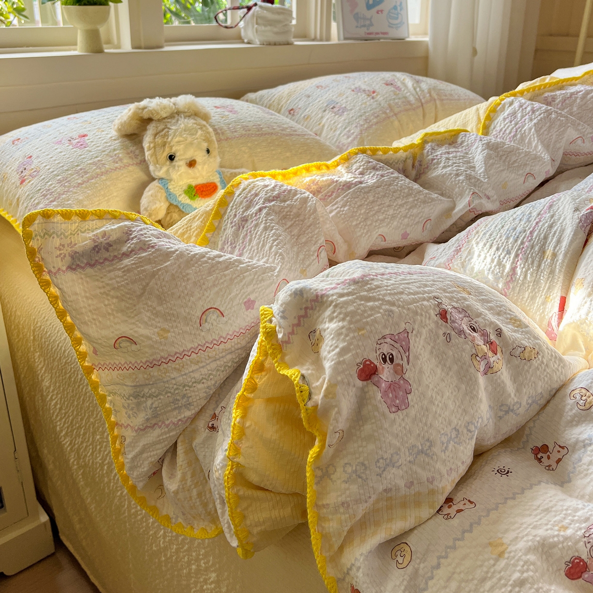 水墨江南 2026新款贝壳边泡芙纱时尚印花四件套 黄色星仔