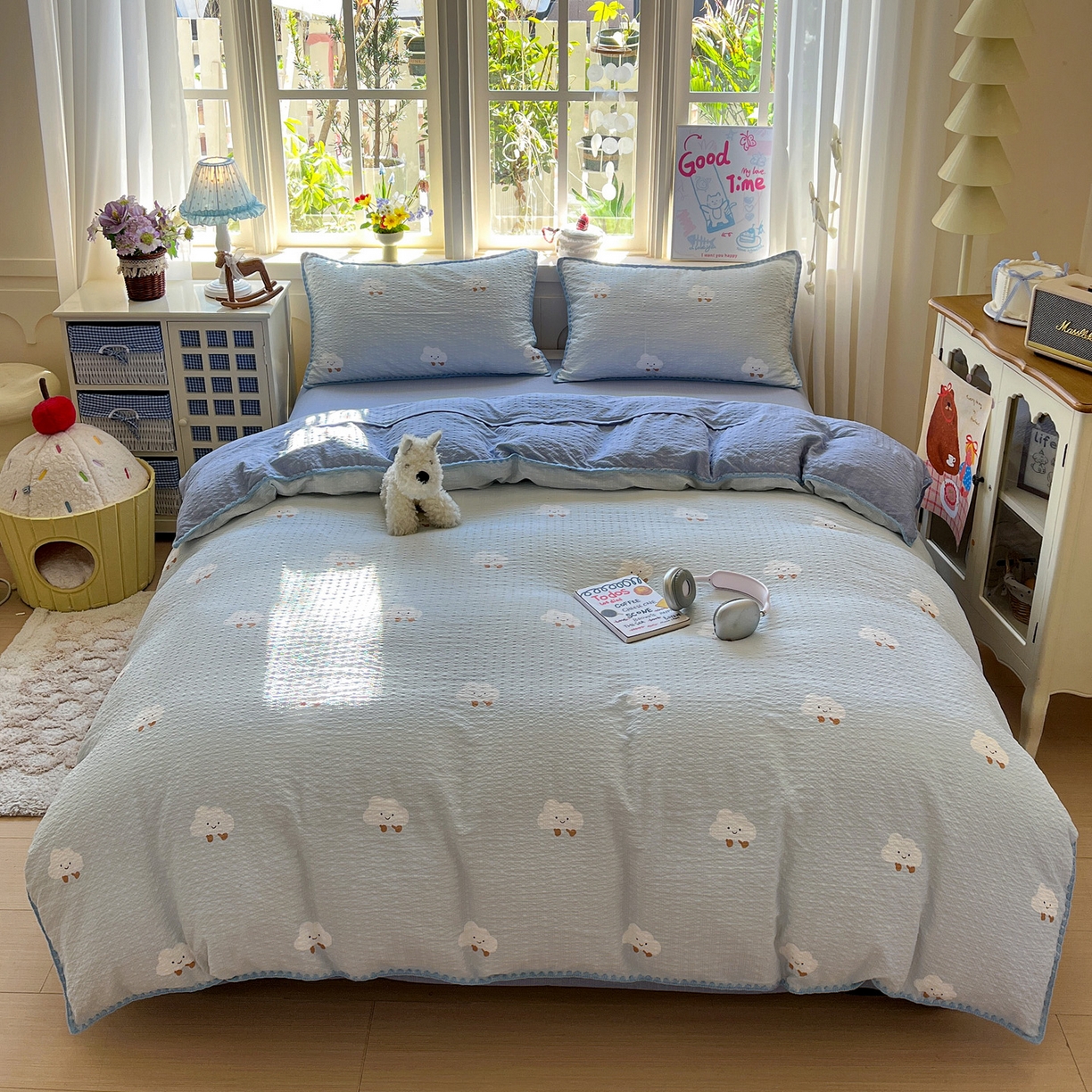 91家纺网 家纺一手货源 找家纺 水墨江南 2026新款贝壳边泡芙纱时尚印花四件套 小云朵