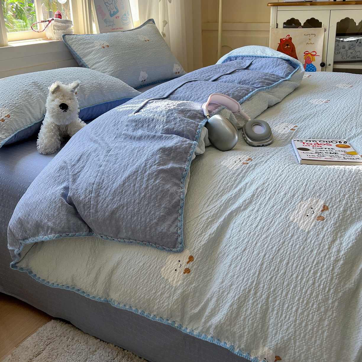 91家纺网 家纺一手货源 找家纺 水墨江南 2026新款贝壳边泡芙纱时尚印花四件套 小云朵