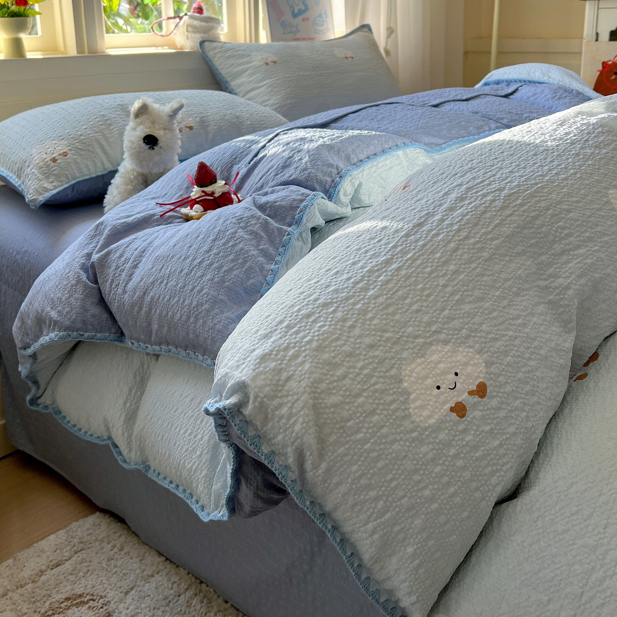 91家纺网 家纺一手货源 找家纺 水墨江南 2026新款贝壳边泡芙纱时尚印花四件套 小云朵