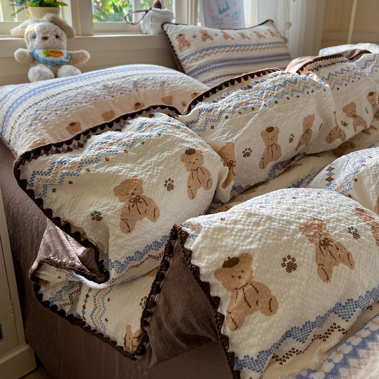 水墨江南 2026新款贝壳边泡芙纱时尚印花四件套 熊多多