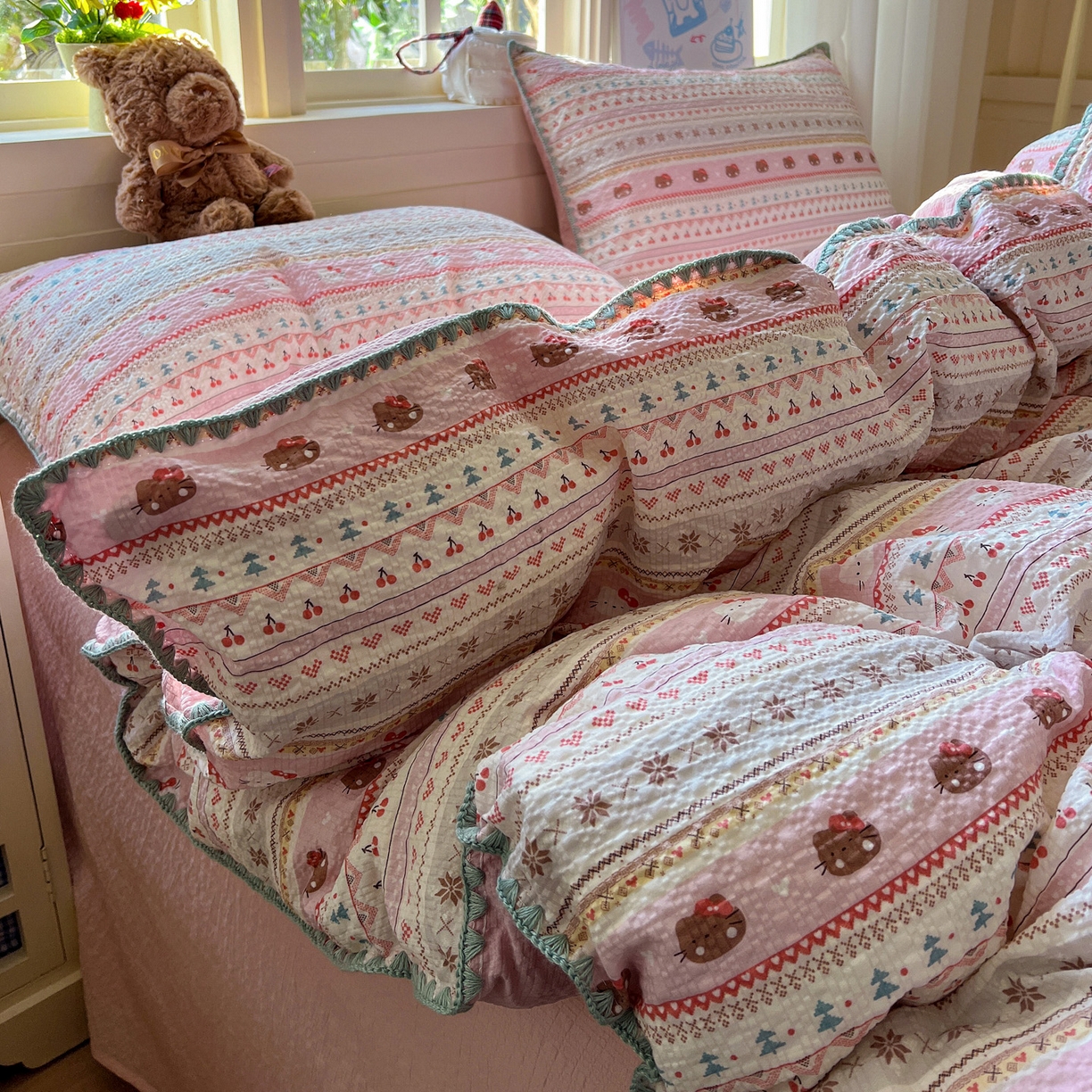 水墨江南 2026新款贝壳边泡芙纱时尚印花四件套 樱桃猫猫