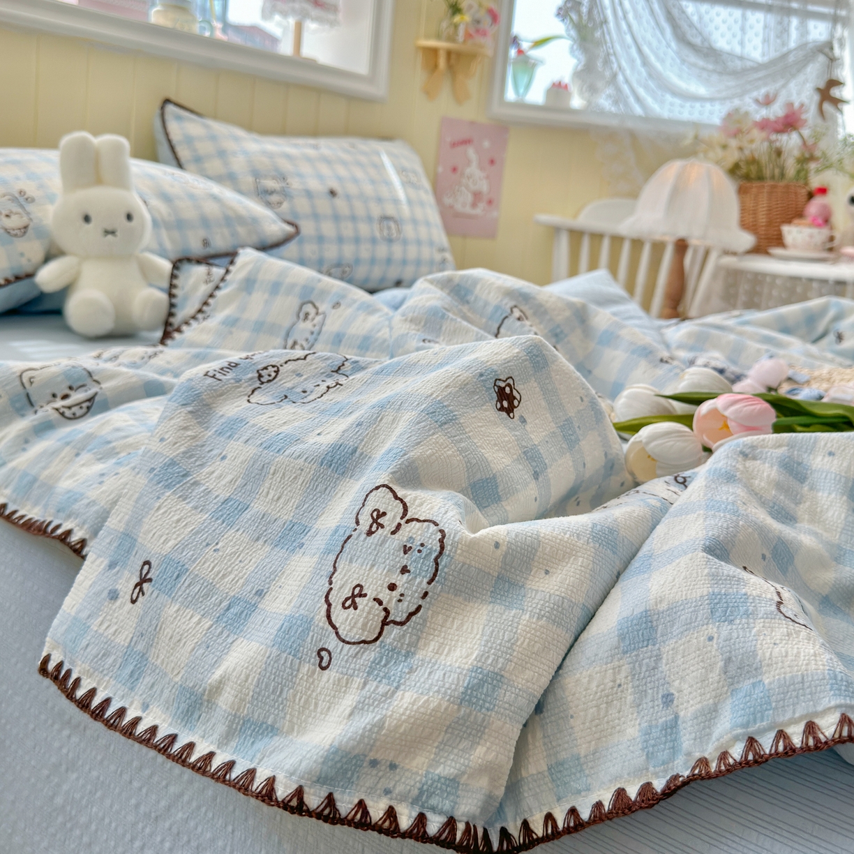 91家纺网 家纺一手货源 找家纺 初念 2026新款泡芙纱贝壳绣三角针夏被 提供买家秀 贝壳绣-机智蓝狗