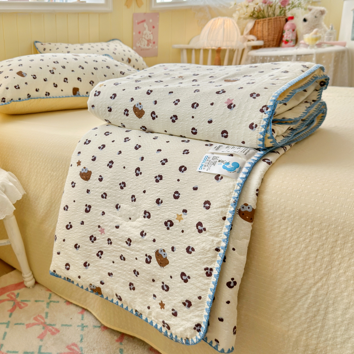 91家纺网 家纺一手货源 找家纺 初念 2026新款泡芙纱贝壳绣三角针夏被 提供买家秀 贝壳绣-豹纹蓝星