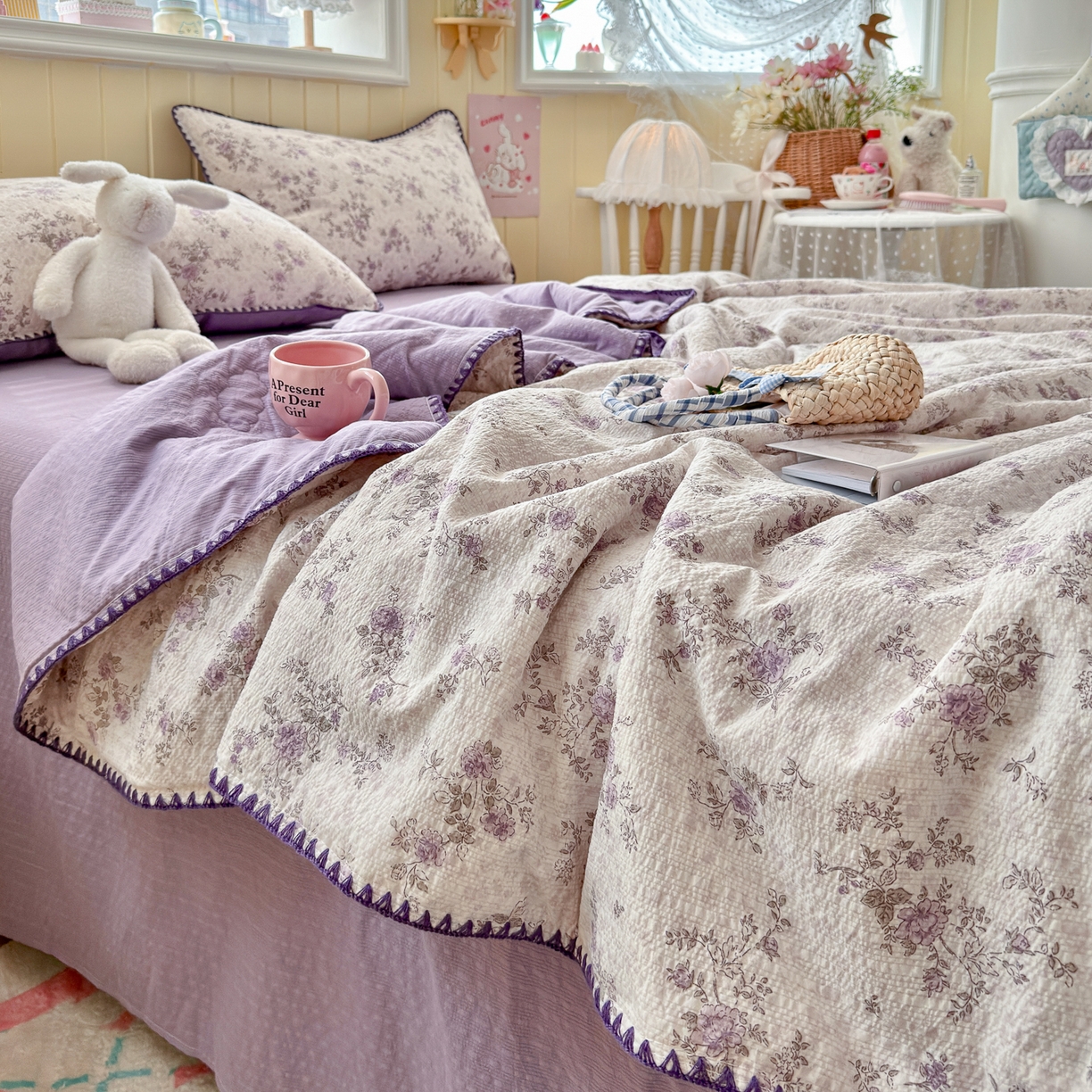 91家纺网 家纺一手货源 找家纺 初念 2026新款泡芙纱贝壳绣三角针夏被 提供买家秀 贝壳绣-柔紫碎花屿