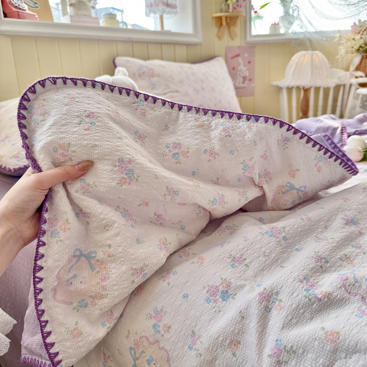 91家纺网 家纺一手货源 找家纺 初念 2026新款泡芙纱贝壳绣三角针夏被 提供买家秀 贝壳绣-碎花藏甜