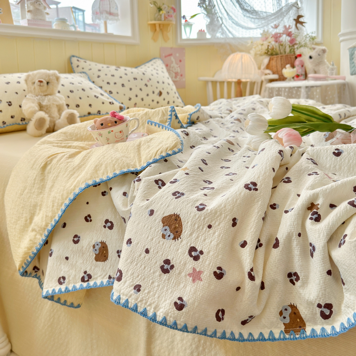 91家纺网 家纺一手货源 找家纺 初念 2026新款泡芙纱贝壳绣三角针夏被 提供买家秀 贝壳绣-豹纹蓝星