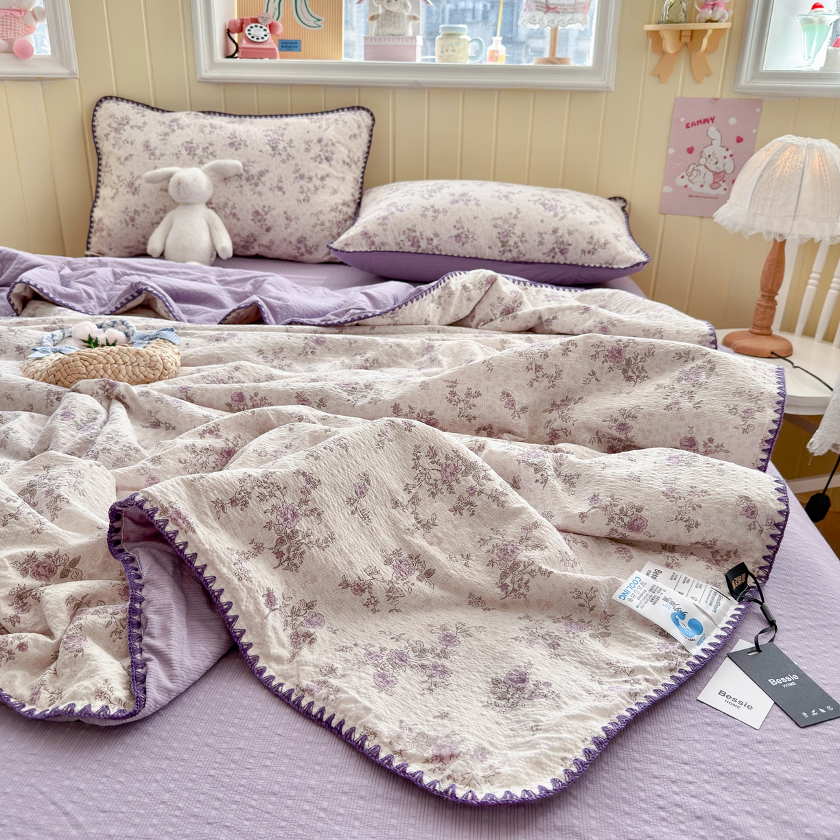 91家纺网 家纺一手货源 找家纺 初念 2026新款泡芙纱贝壳绣三角针夏被 提供买家秀 贝壳绣-柔紫碎花屿