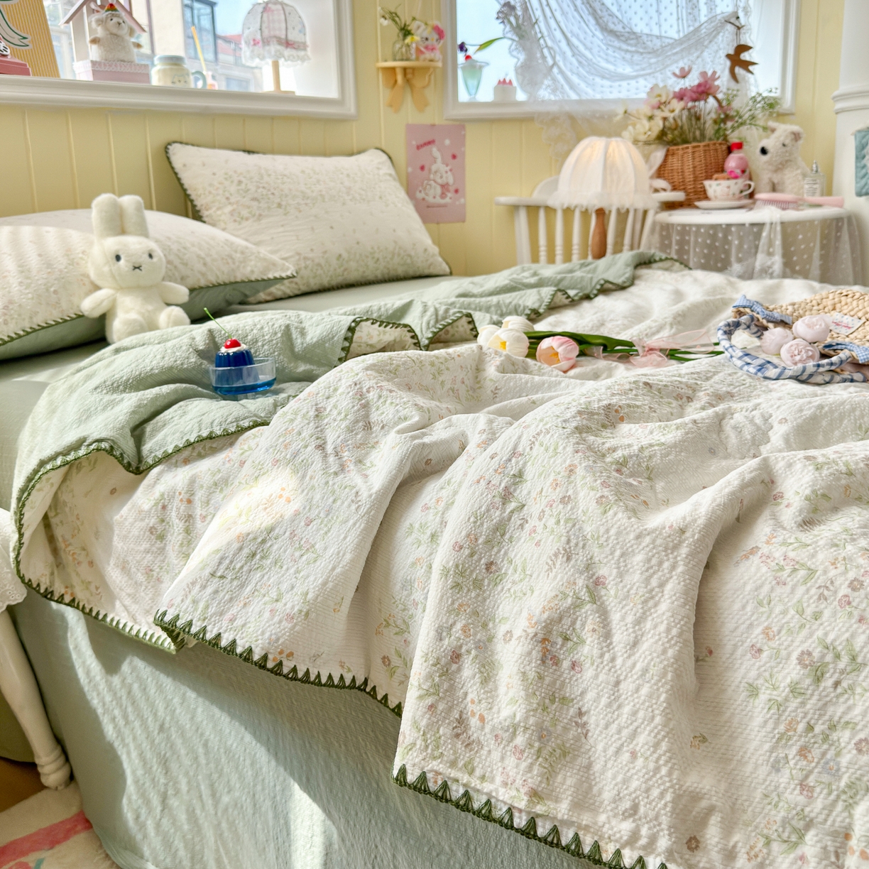 91家纺网 家纺一手货源 找家纺 初念 2026新款泡芙纱贝壳绣三角针夏被 提供买家秀 贝壳绣-浅夏花信