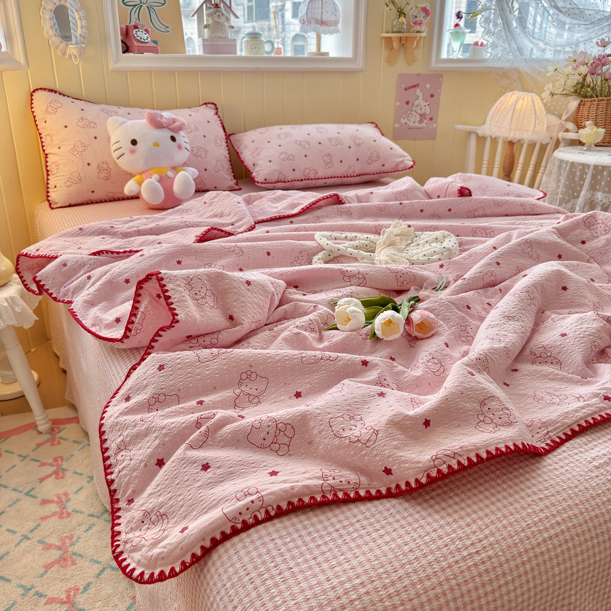 91家纺网 家纺一手货源 找家纺 初念 2026新款泡芙纱贝壳绣三角针夏被 提供买家秀 欧包-描线小猫粉