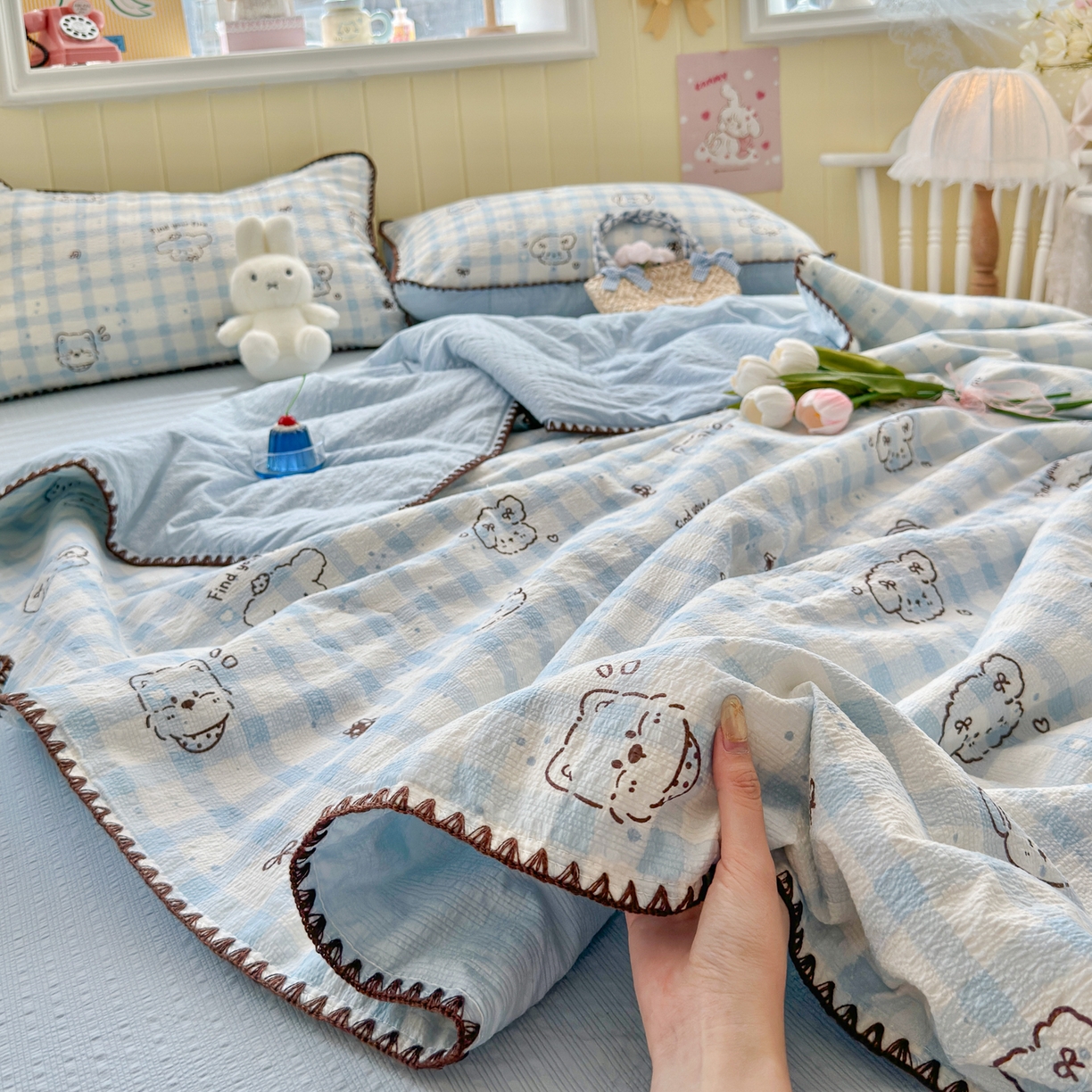 91家纺网 家纺一手货源 找家纺 初念 2026新款泡芙纱贝壳绣三角针夏被 提供买家秀 贝壳绣-机智蓝狗