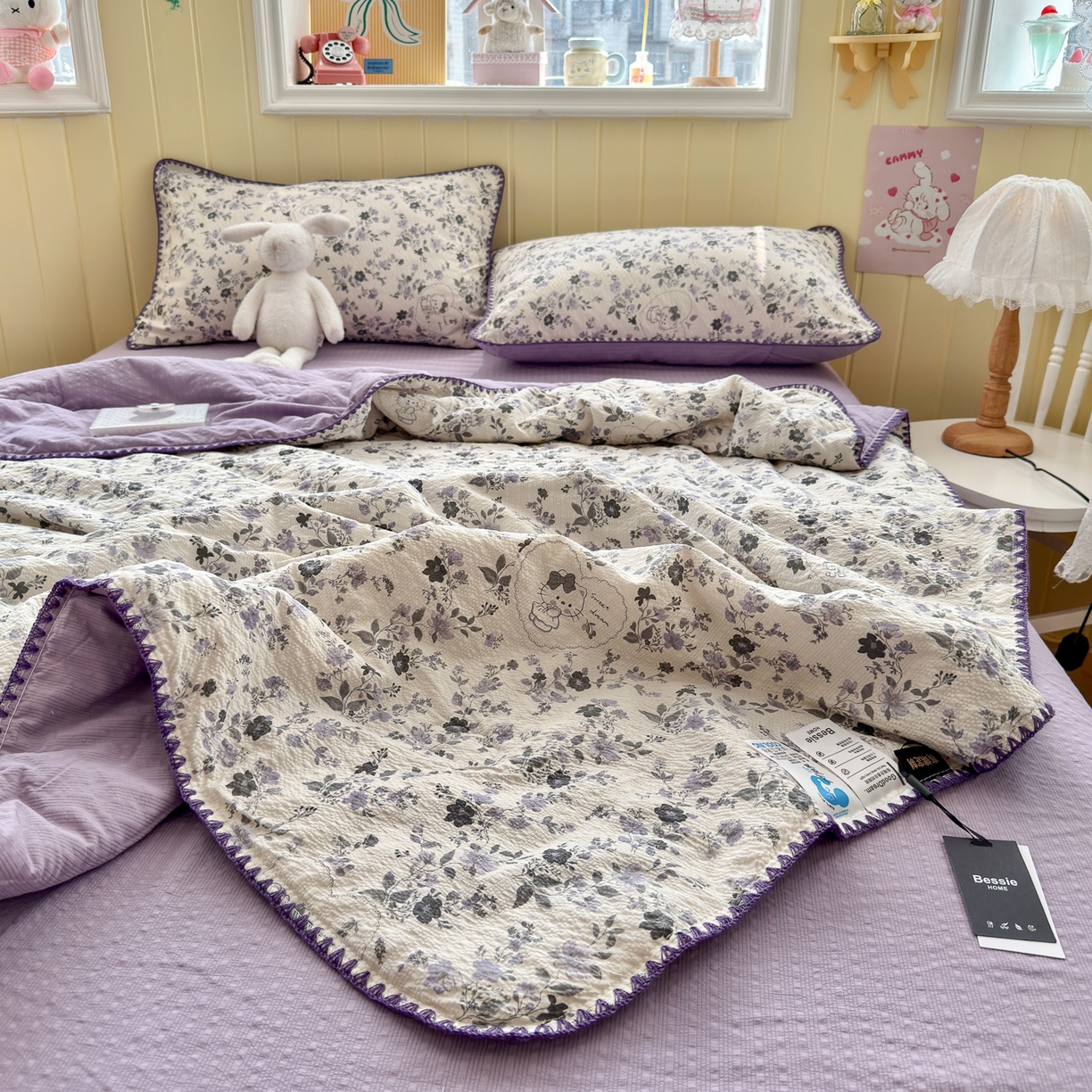 91家纺网 家纺一手货源 找家纺 初念 2026新款泡芙纱贝壳绣三角针夏被 提供买家秀 贝壳绣-小猫秘境紫