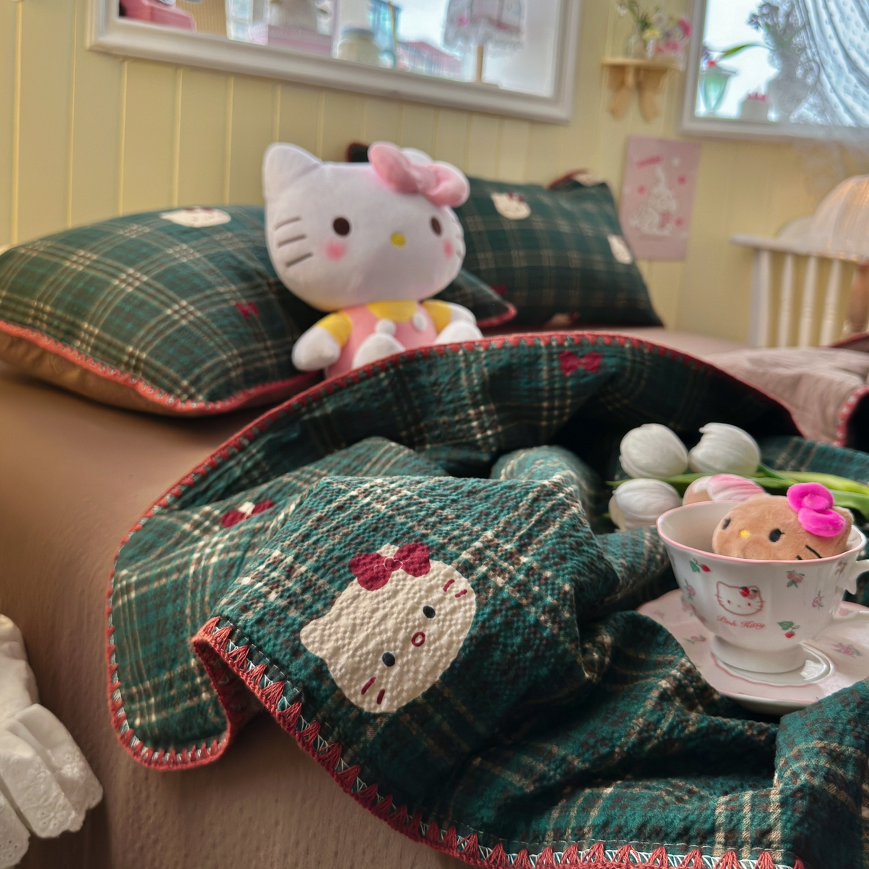 91家纺网 家纺一手货源 找家纺 初念 2026新款泡芙纱贝壳绣三角针夏被 提供买家秀 贝壳绣-绿格小猫