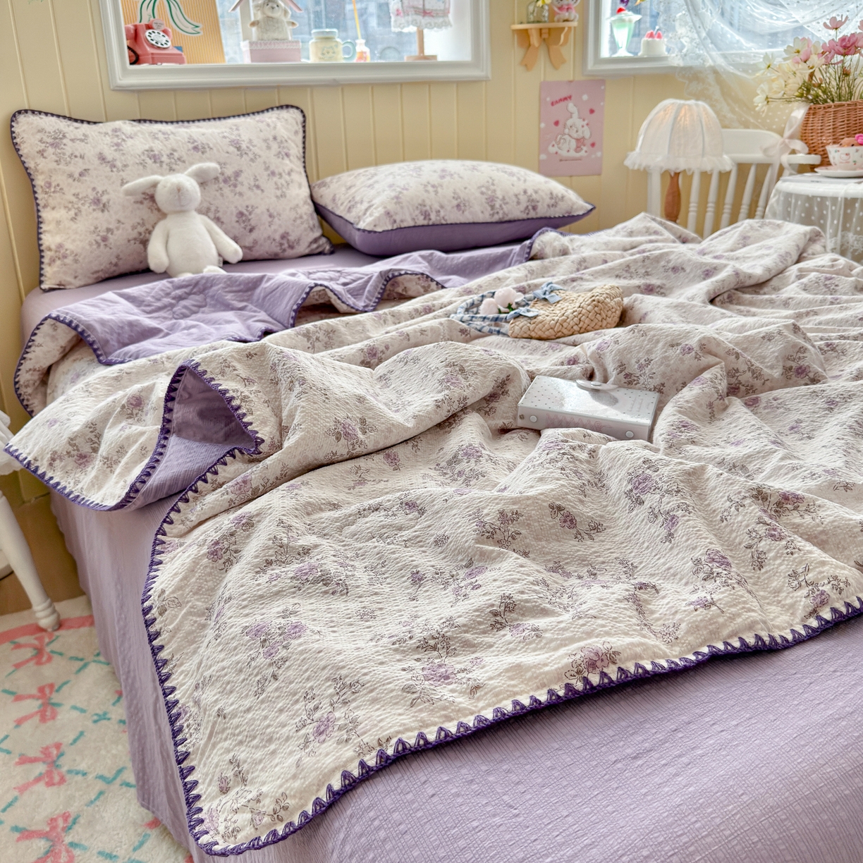 91家纺网 家纺一手货源 找家纺 初念 2026新款泡芙纱贝壳绣三角针夏被 提供买家秀 贝壳绣-柔紫碎花屿