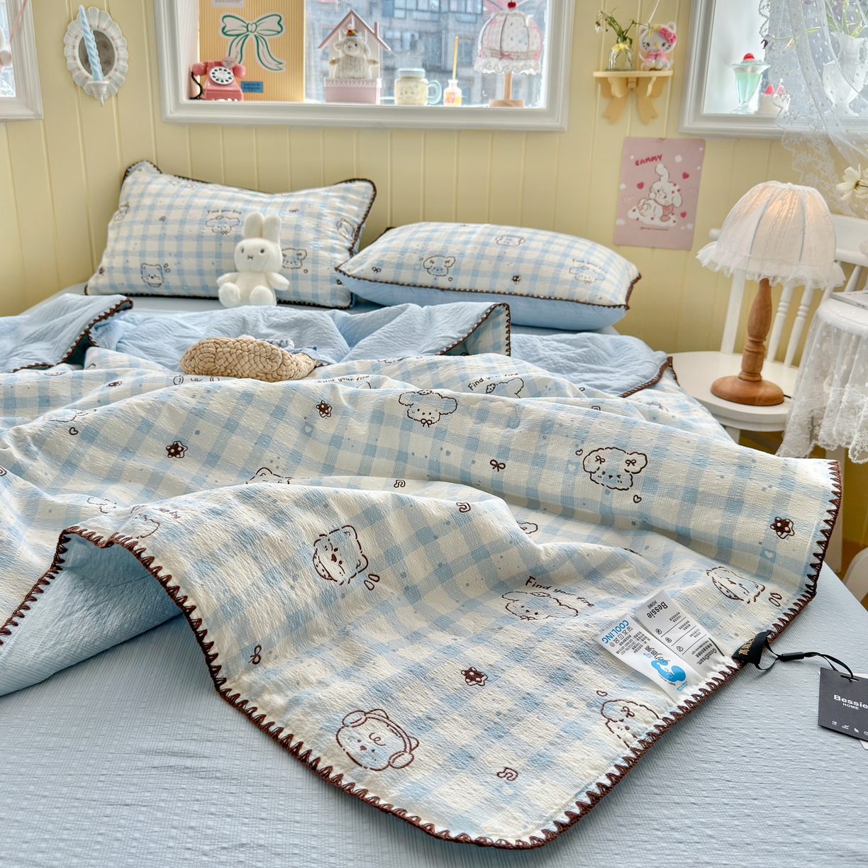 91家纺网 家纺一手货源 找家纺 初念 2026新款泡芙纱贝壳绣三角针夏被 提供买家秀 贝壳绣-机智蓝狗