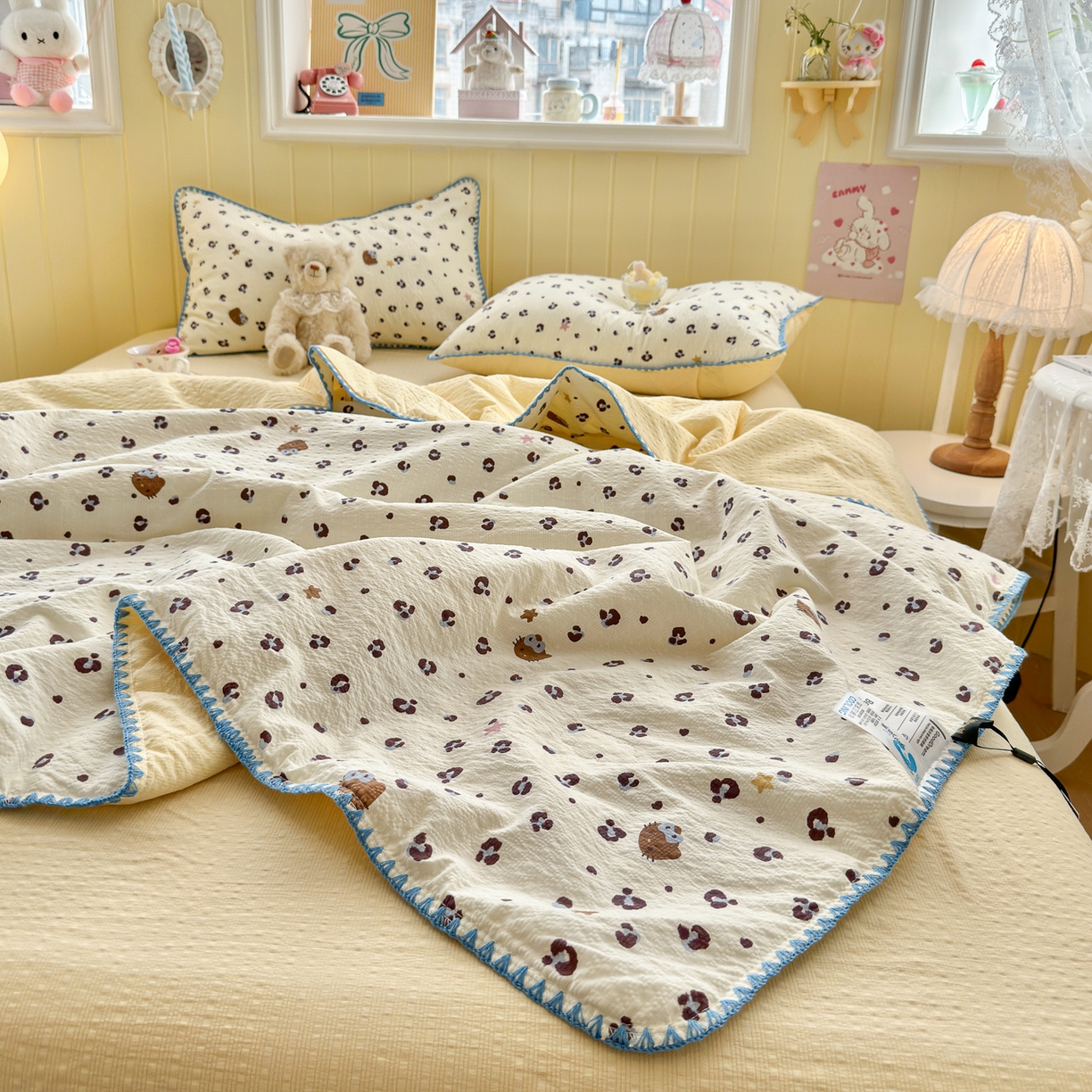 91家纺网 家纺一手货源 找家纺 初念 2026新款泡芙纱贝壳绣三角针夏被 提供买家秀 贝壳绣-豹纹蓝星