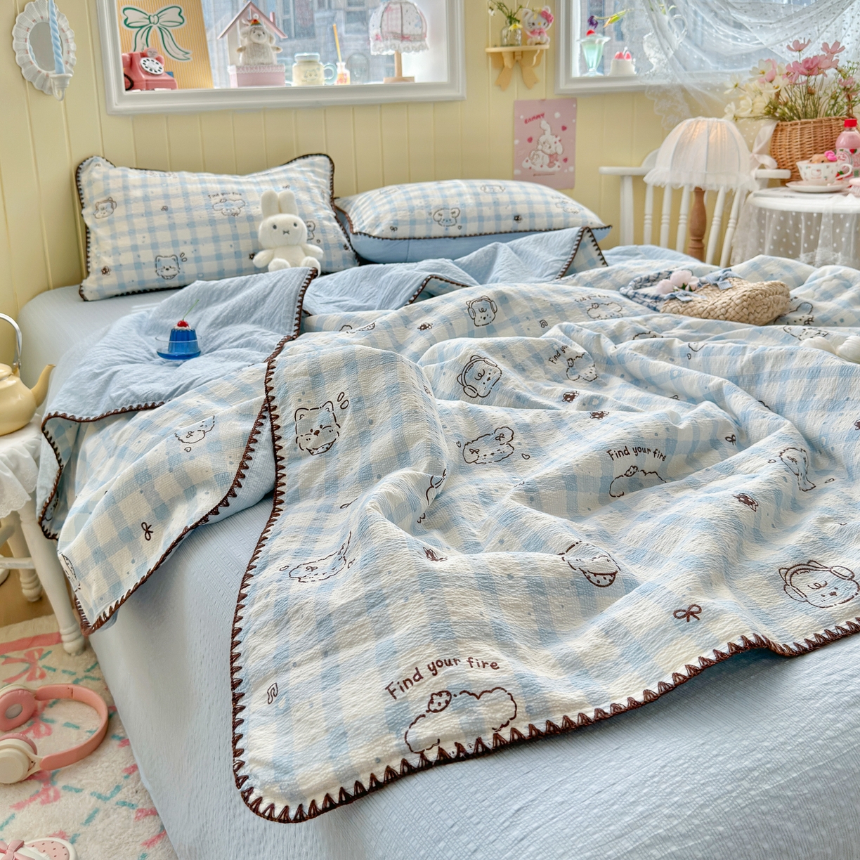 91家纺网 家纺一手货源 找家纺 初念 2026新款泡芙纱贝壳绣三角针夏被 提供买家秀 贝壳绣-机智蓝狗