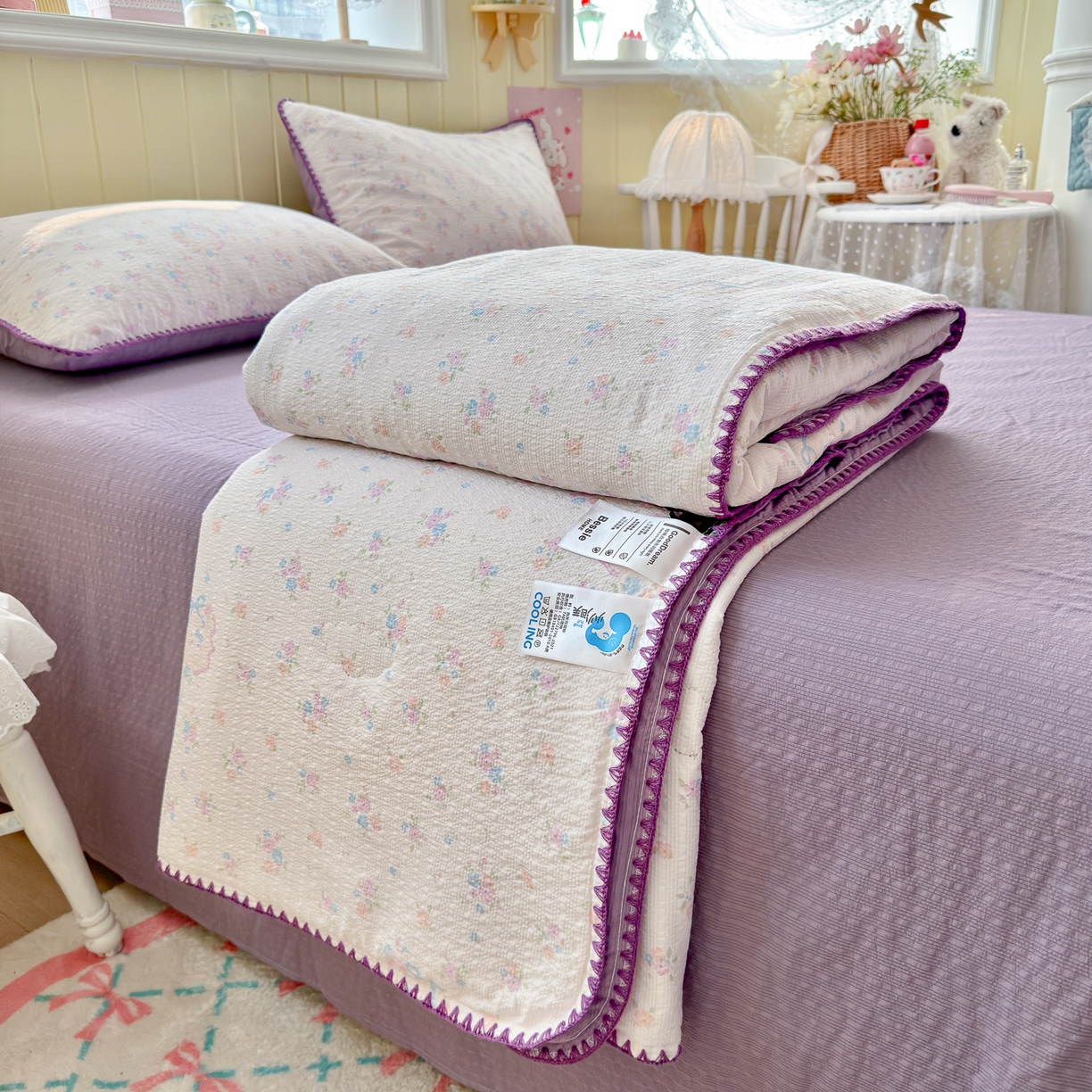 91家纺网 家纺一手货源 找家纺 初念 2026新款泡芙纱贝壳绣三角针夏被 提供买家秀 贝壳绣-碎花藏甜