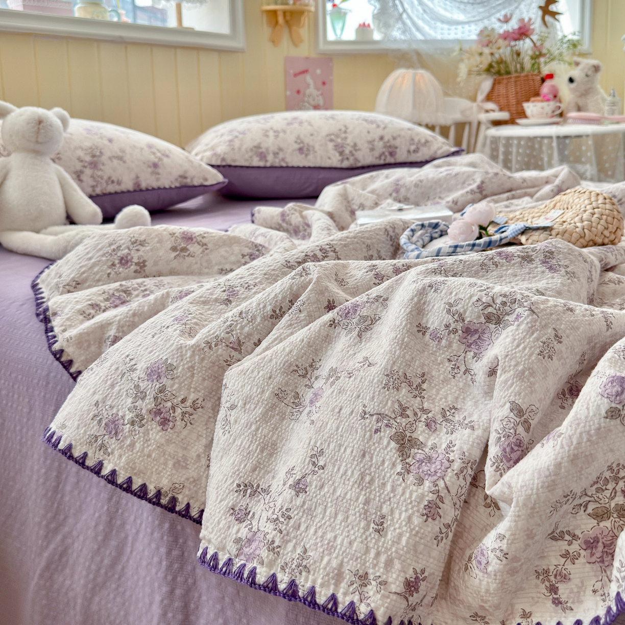 91家纺网 家纺一手货源 找家纺 初念 2026新款泡芙纱贝壳绣三角针夏被 提供买家秀 贝壳绣-柔紫碎花屿