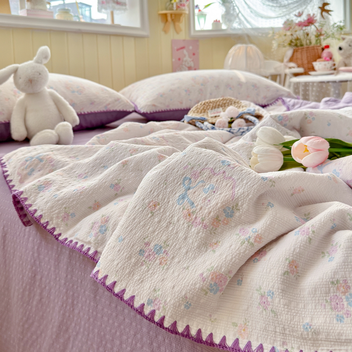 91家纺网 家纺一手货源 找家纺 初念 2026新款泡芙纱贝壳绣三角针夏被 提供买家秀 贝壳绣-碎花藏甜