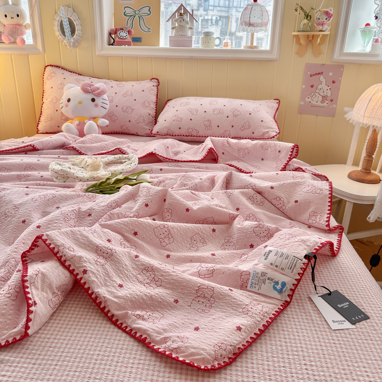 91家纺网 家纺一手货源 找家纺 初念 2026新款泡芙纱贝壳绣三角针夏被 提供买家秀 欧包-描线小猫粉