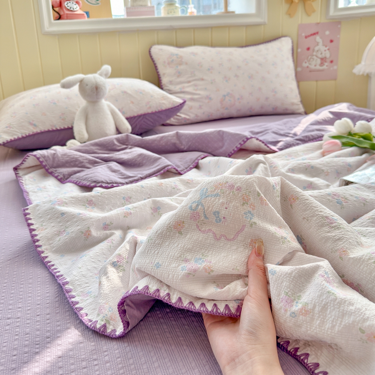 91家纺网 家纺一手货源 找家纺 初念 2026新款泡芙纱贝壳绣三角针夏被 提供买家秀 贝壳绣-碎花藏甜