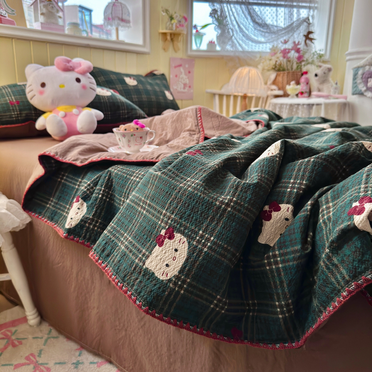 91家纺网 家纺一手货源 找家纺 初念 2026新款泡芙纱贝壳绣三角针夏被 提供买家秀 贝壳绣-绿格小猫