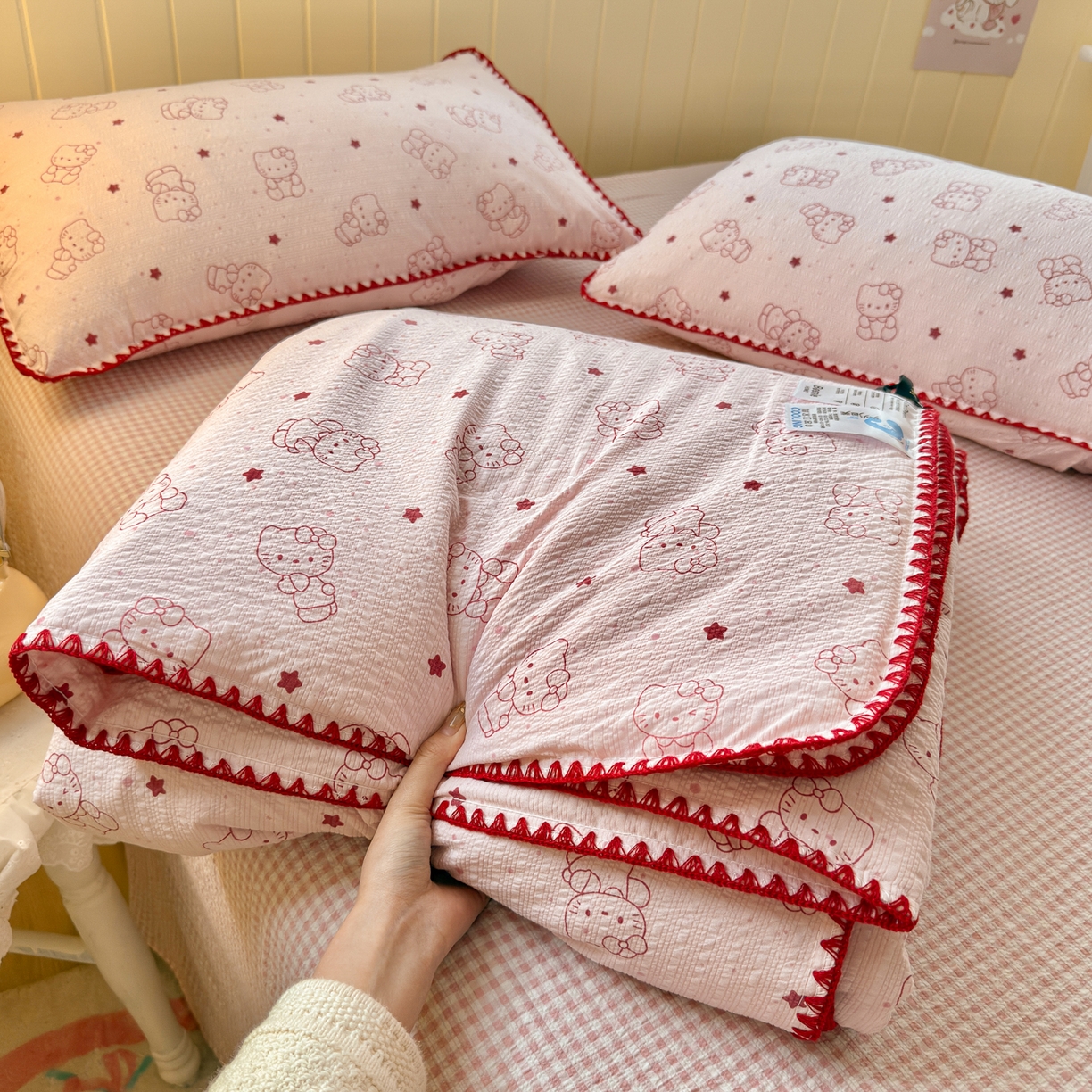 初念 2026新款泡芙纱贝壳绣三角针夏被 提供买家秀 欧包-描线小猫粉