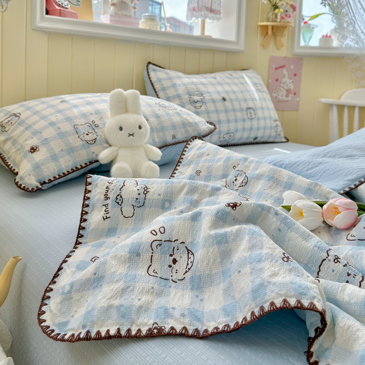 91家纺网 家纺一手货源 找家纺 初念 2026新款泡芙纱贝壳绣三角针夏被 提供买家秀 贝壳绣-机智蓝狗