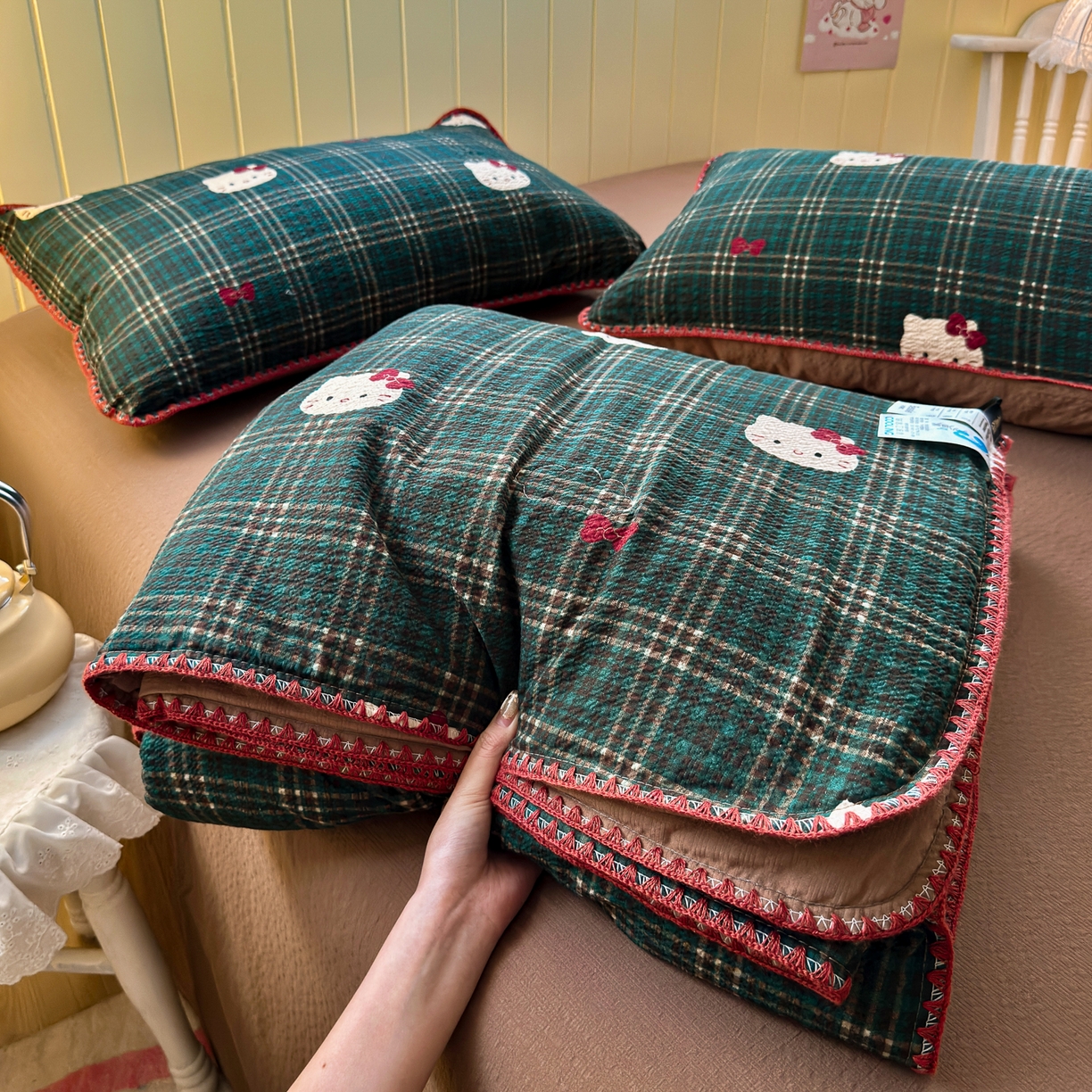 初念 2026新款泡芙纱贝壳绣三角针夏被 提供买家秀 贝壳绣-绿格小猫