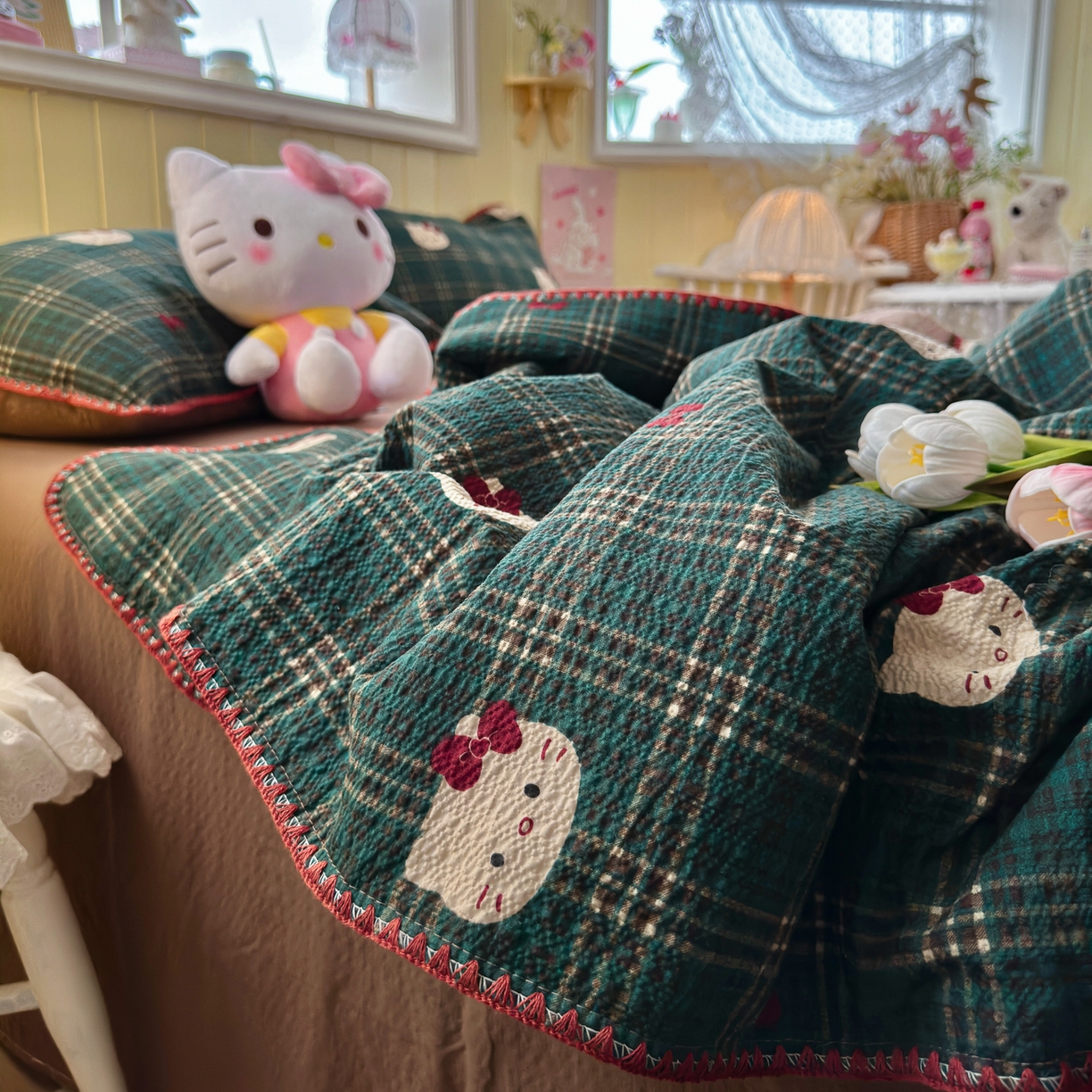 91家纺网 家纺一手货源 找家纺 初念 2026新款泡芙纱贝壳绣三角针夏被 提供买家秀 贝壳绣-绿格小猫