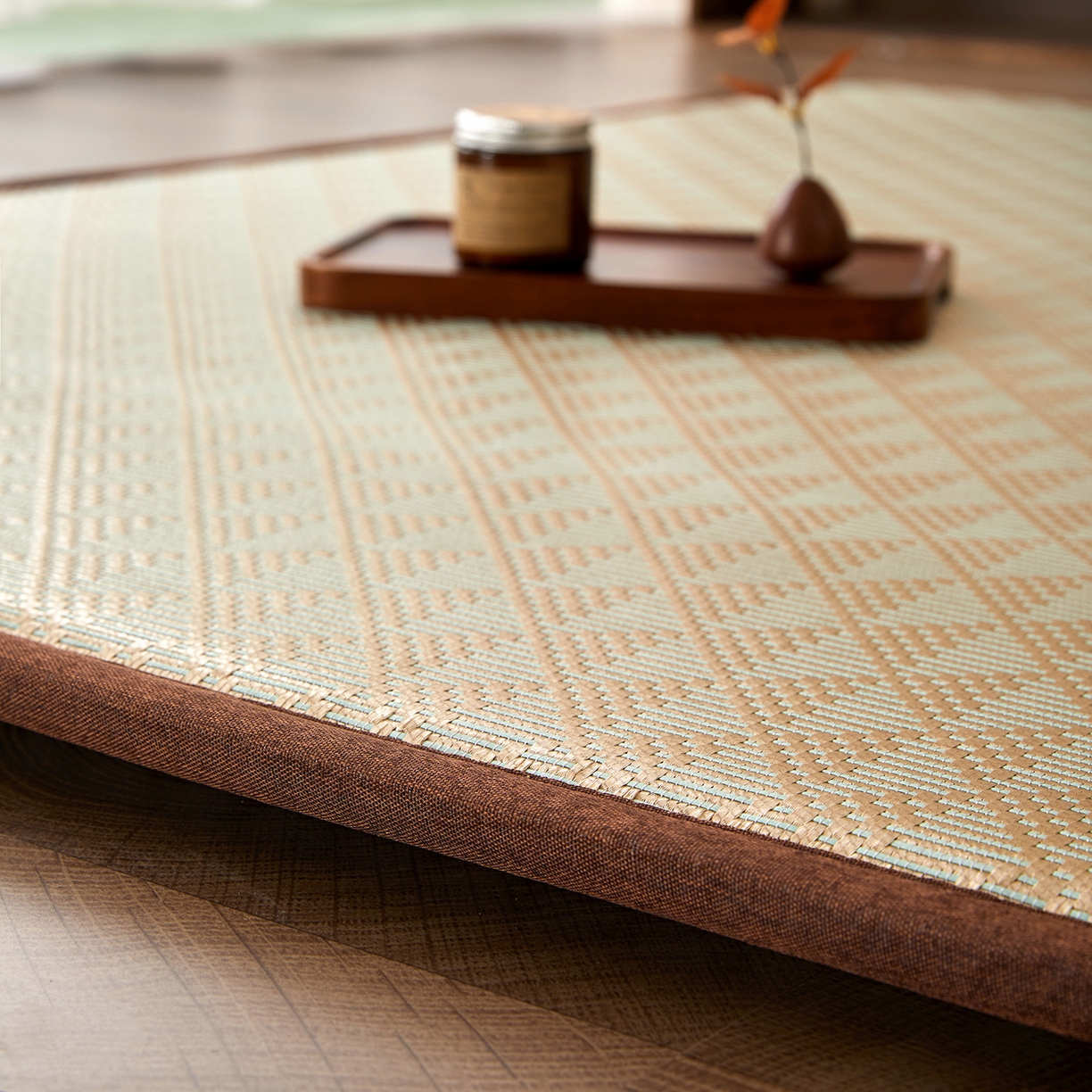 91家纺网 家纺一手货源 找家纺 航途席业 2026新款冰丝凉席地垫 三角绿冰藤