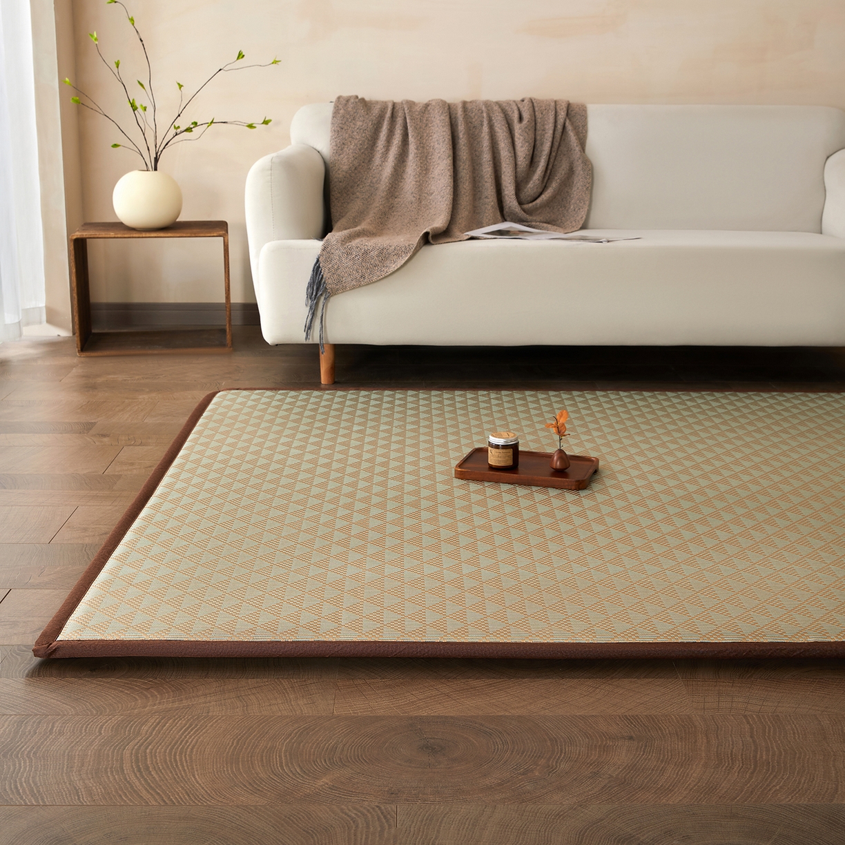 91家纺网 家纺一手货源 找家纺 航途席业 2026新款冰丝凉席地垫 三角绿冰藤