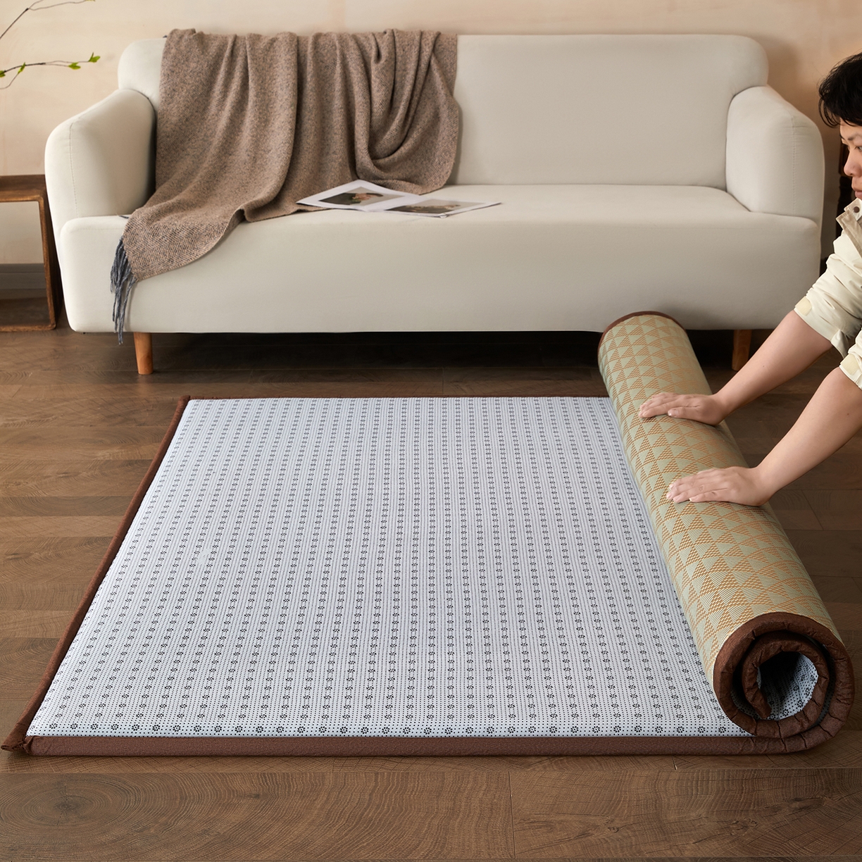 91家纺网 家纺一手货源 找家纺 航途席业 2026新款冰丝凉席地垫 三角绿冰藤