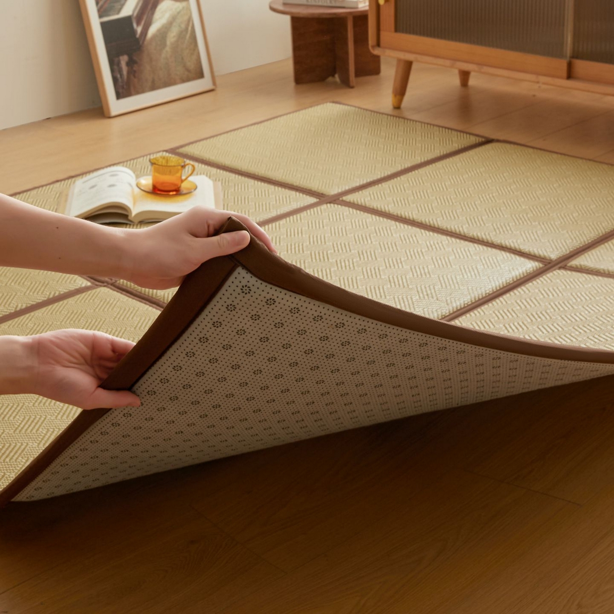 91家纺网 家纺一手货源 找家纺 航途席业 2026新款拼接格榻榻米地垫 绿饼干