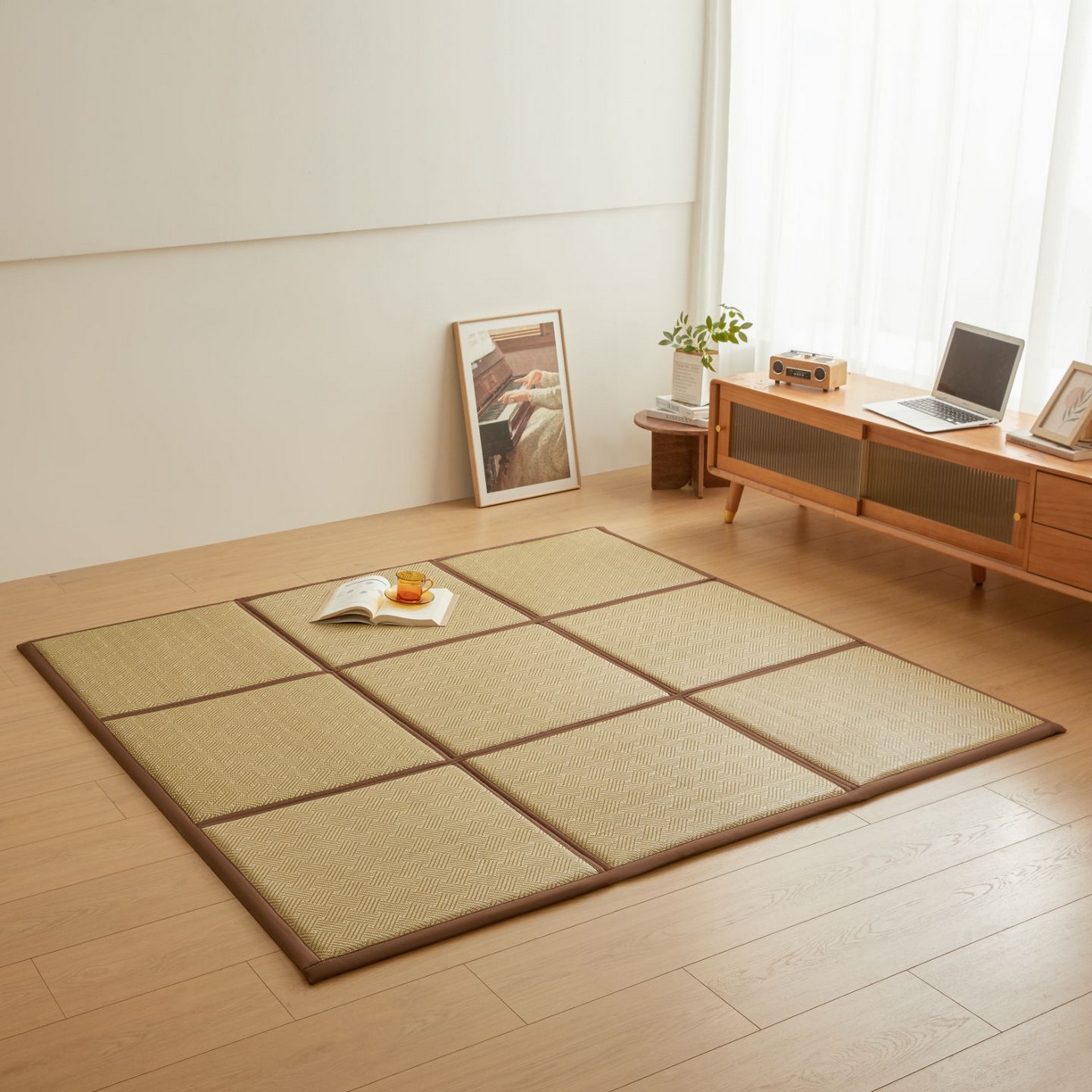 91家纺网 家纺一手货源 找家纺 航途席业 2026新款拼接格榻榻米地垫 绿饼干