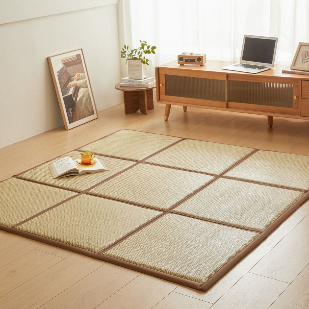 91家纺网 家纺一手货源 找家纺 航途席业 2026新款拼接格榻榻米地垫 绿饼干