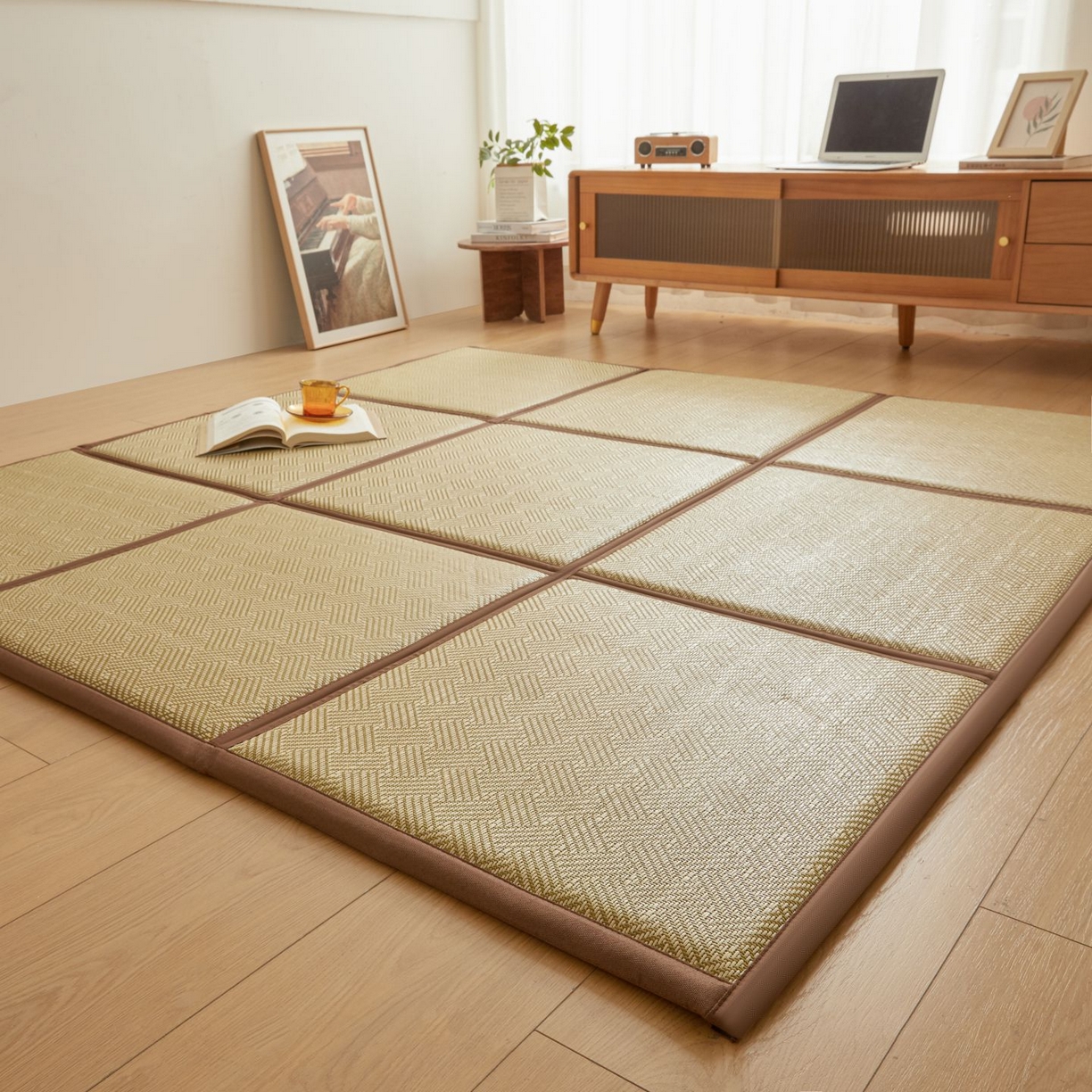 91家纺网 家纺一手货源 找家纺 航途席业 2026新款拼接格榻榻米地垫 绿饼干