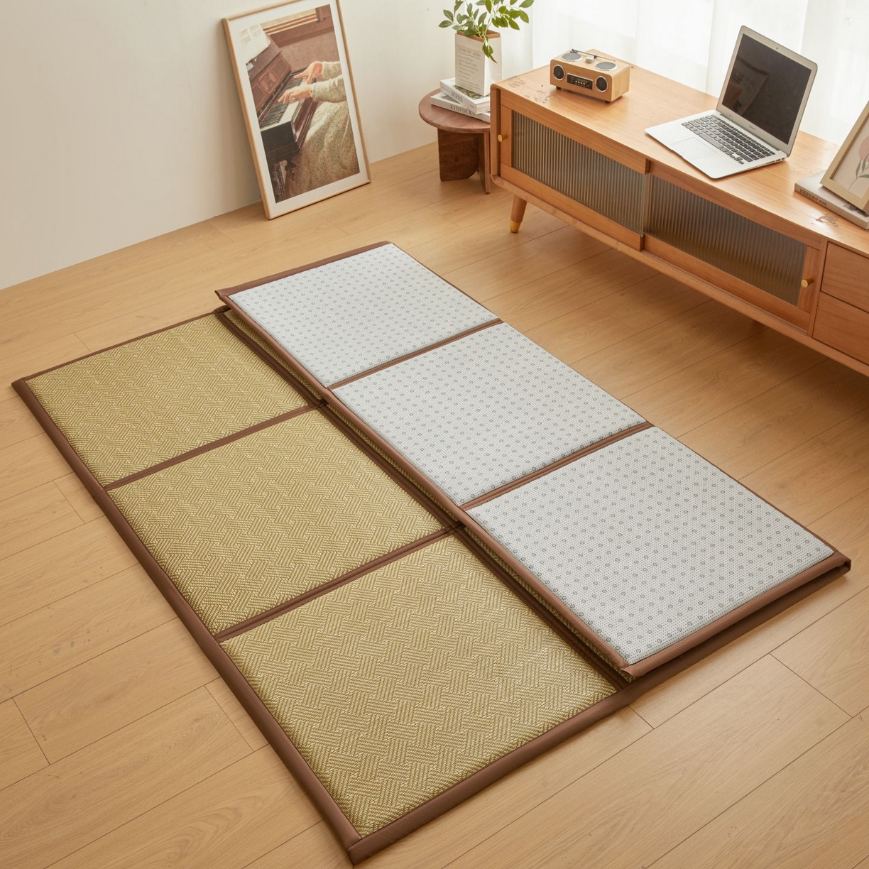 91家纺网 家纺一手货源 找家纺 航途席业 2026新款拼接格榻榻米地垫 绿饼干