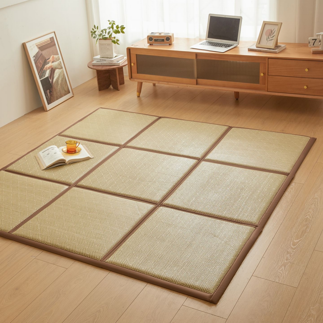 91家纺网 家纺一手货源 找家纺 航途席业 2026新款拼接格榻榻米地垫 绿饼干