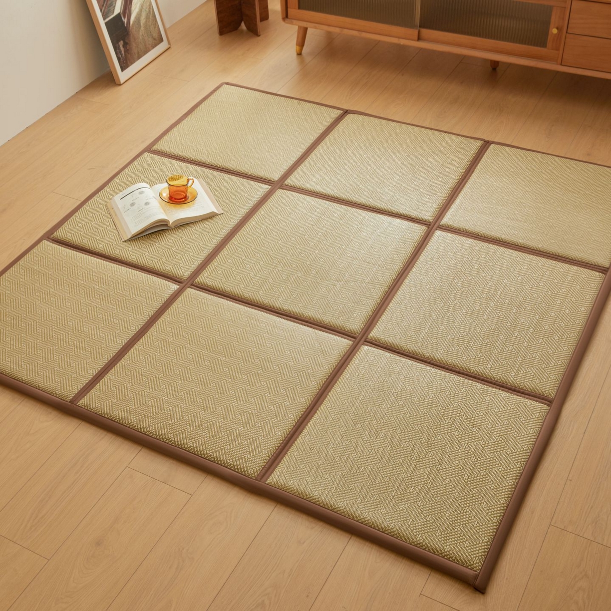 91家纺网 家纺一手货源 找家纺 航途席业 2026新款拼接格榻榻米地垫 绿饼干