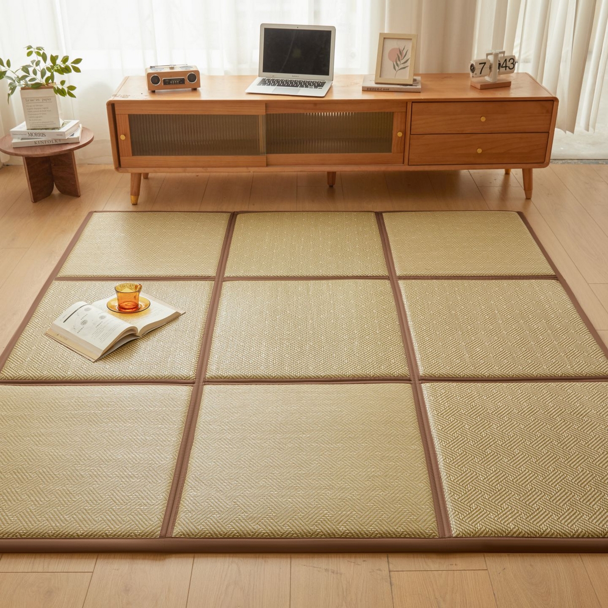 91家纺网 家纺一手货源 找家纺 航途席业 2026新款拼接格榻榻米地垫 绿饼干