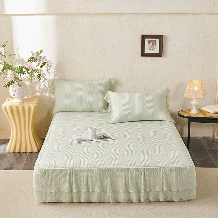 91家纺网 家纺一手货源 找家纺 桂雅居 2026新款高分子冰感蕾丝床裙床笠款凉席三件套 清氧浅绿