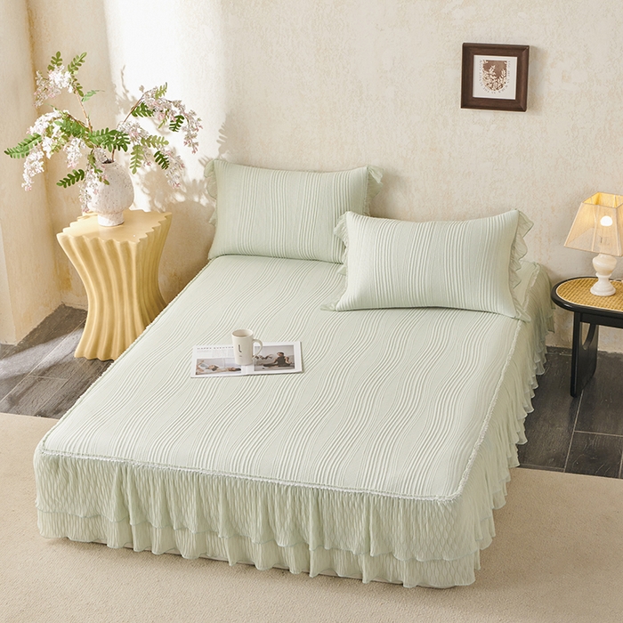 91家纺网 家纺一手货源 找家纺 桂雅居 2026新款高分子冰感蕾丝床裙床笠款凉席三件套 清氧浅绿