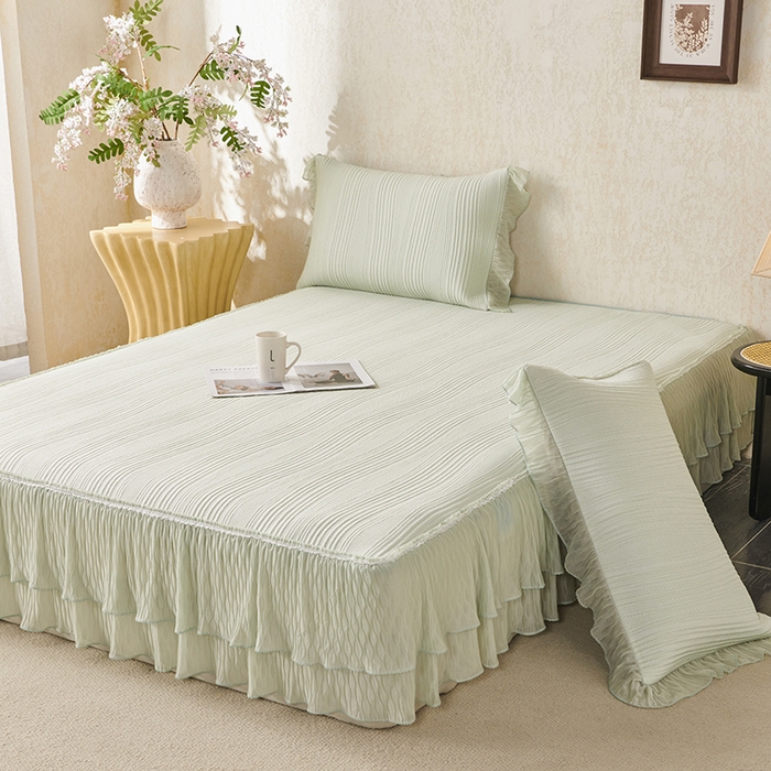 91家纺网 家纺一手货源 找家纺 桂雅居 2026新款高分子冰感蕾丝床裙床笠款凉席三件套 清氧浅绿