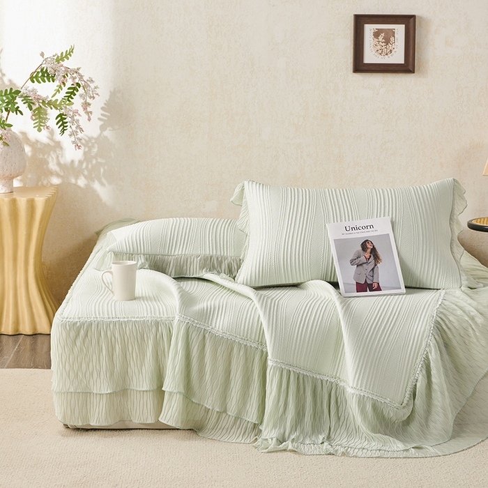 91家纺网 家纺一手货源 找家纺 桂雅居 2026新款高分子冰感蕾丝床裙床笠款凉席三件套 清氧浅绿