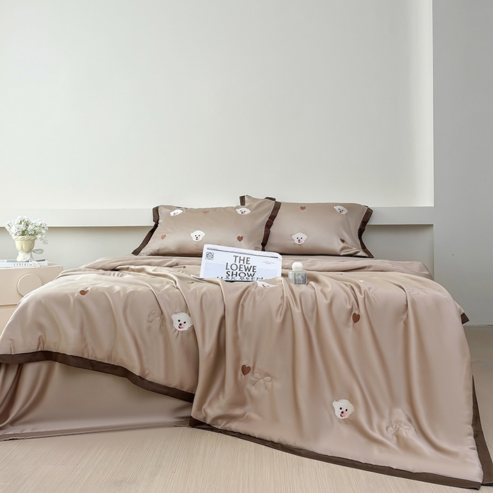 波比可可 2026新款春夏凉感莱赛尔60支兰精天丝绣花夏被四件套 小美好 棕