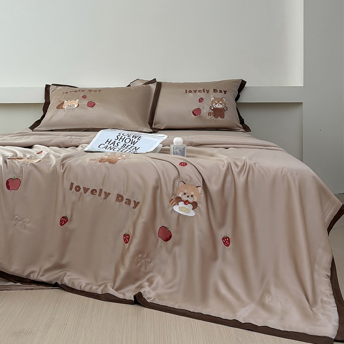 波比可可 2026新款春夏凉感莱赛尔60支兰精天丝绣花夏被四件套 小浣熊 棕