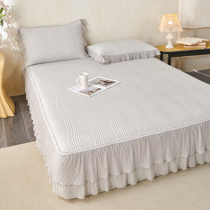 91家纺网 家纺一手货源 找家纺 桂雅居 2026新款高分子冰感蕾丝床裙床笠款凉席三件套 素影灰纱